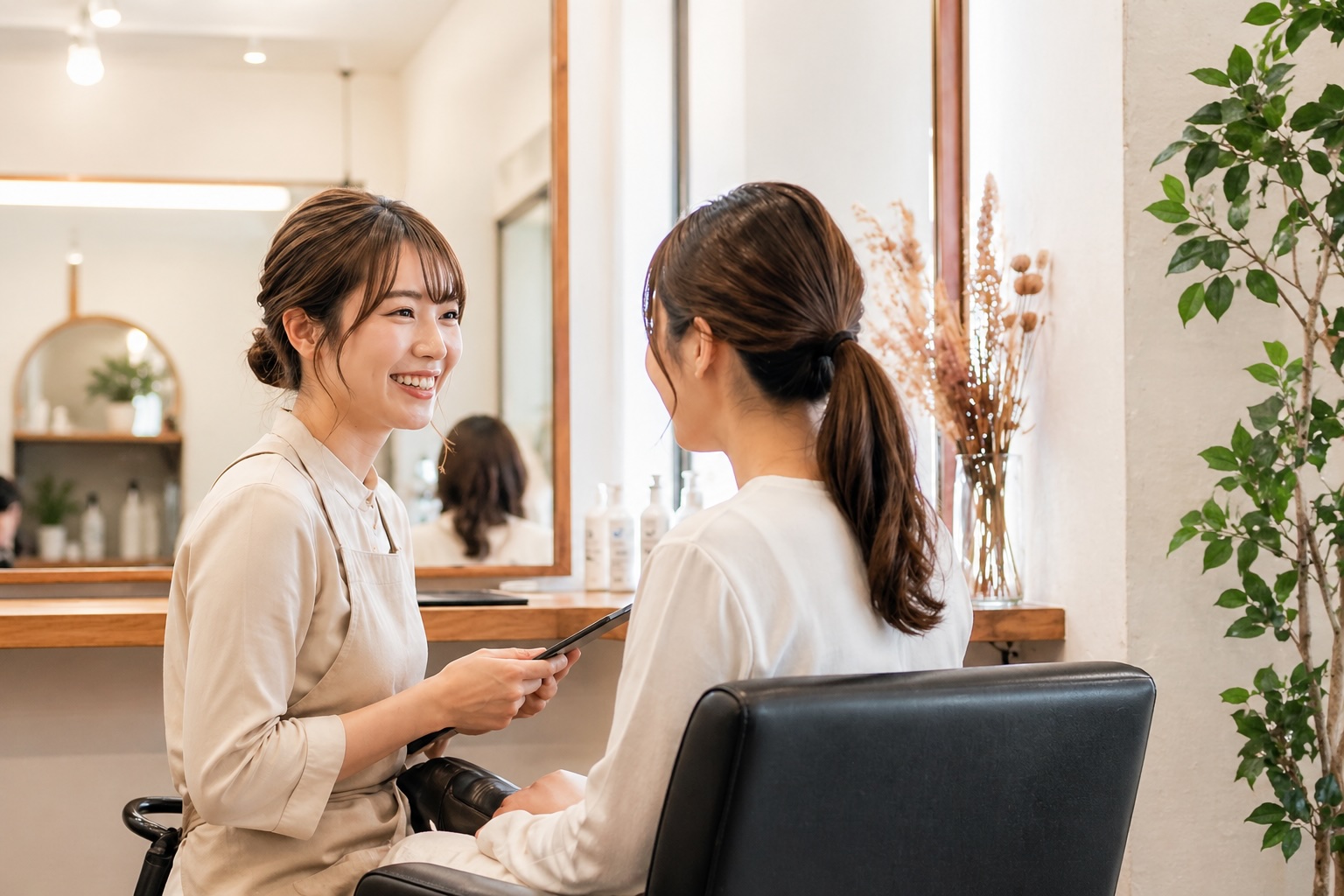 施術後のお客様と笑顔で話すサロンスタイリスト